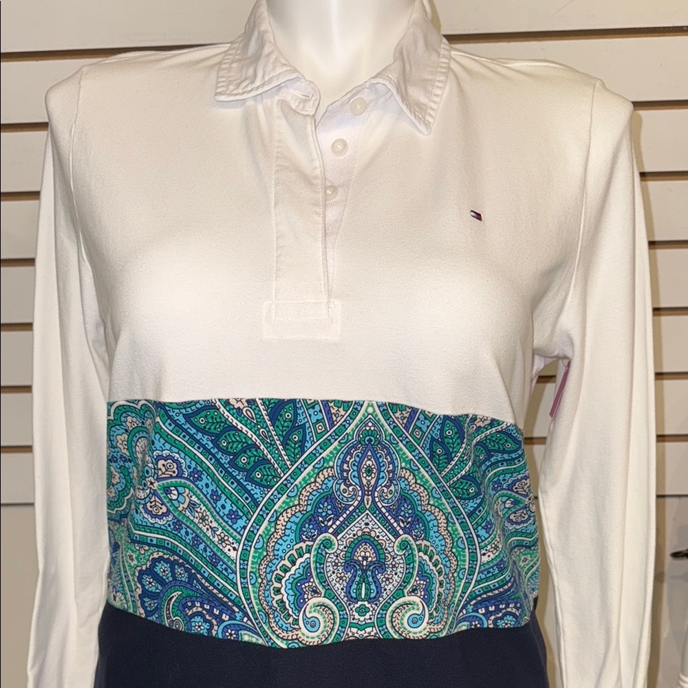Tommy Hilfiger Women's White and Navy Paisley Long Sleeve Top - Picture 2 of 6